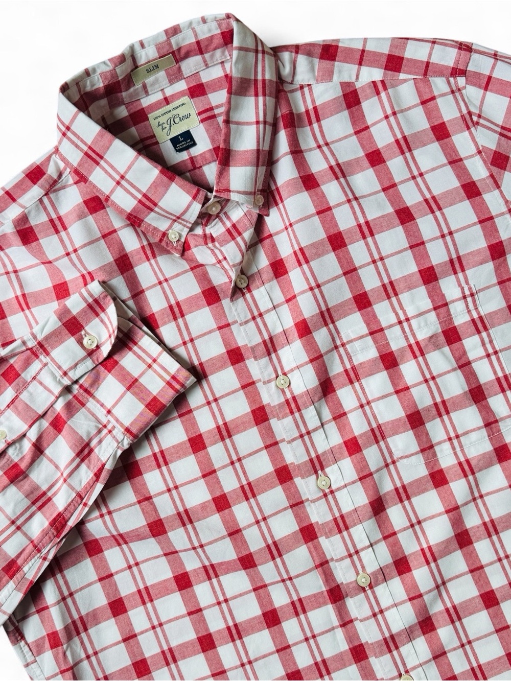 J. Crew Mens Large Slim Red White Plaid Cotton Long Sleeve Button Down Shirt